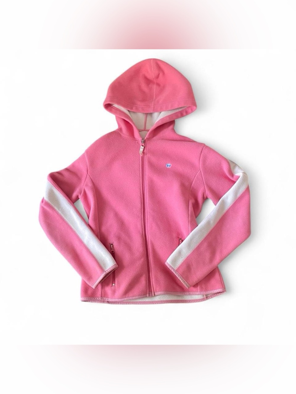 Aeropostale Y2K Pink Hooded Zip-Up Fleece with White Sleeve Stripes & Butterfly